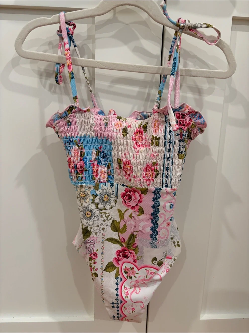 Agua Bendita Floral Smocked One-Piece Swimsuit - Pink & Blue